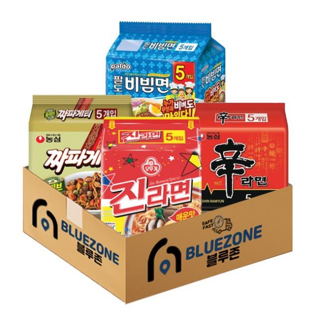 [블루존]오뚜기 농심 팔도 봉지라면 4종 세트 (신라면5P + 진라면매운맛5P + 짜파게티5P+ 팔도비빔면5P), 1세트