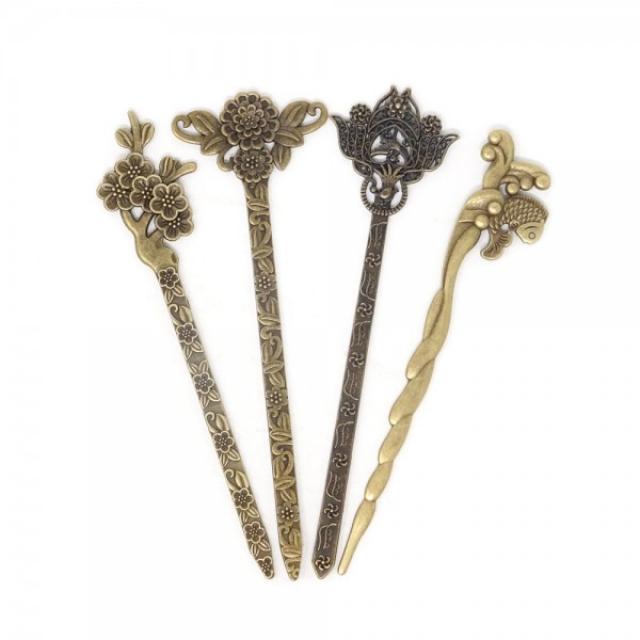 [HONBAY] Honbay 4PCS 세련된 우아한 꽃 헤어 청동 복고풍 헤어 젓가락 Chignon 핀 헤어핀 스틱