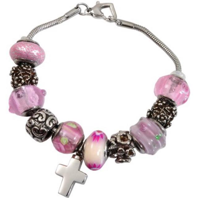 Memorial Gallery Memorial Pink Remembrance Bead Pet Cross Urn Charm Bracelet 8” 기념 갤러리 기념 분홍색 기념비 구, 1