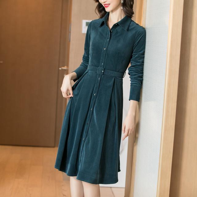 미스양 겨울 복고등 코르덴 레이스업 허리보정 슬림핏 긴소매 셔츠 원피스 여성