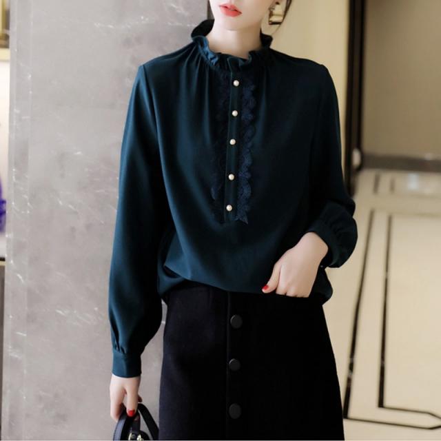 화이트 블라우스 아름다운 떠나기 싫어하다 더블 스코어 보여 공작 그린 페블럼라인 레이스 포인트 와이드 루즈핏 와이셔츠