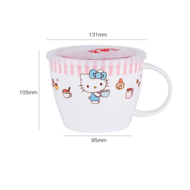 라면 공기 HELLOKITTY 있음 뚜껑 기숙사 하나 세탁하기 쉬움 큐트 전자렌지 도자기 그릇을 깨뜨리다 607729400, 무지개 색상 줄무늬 라면 공기 -핑크