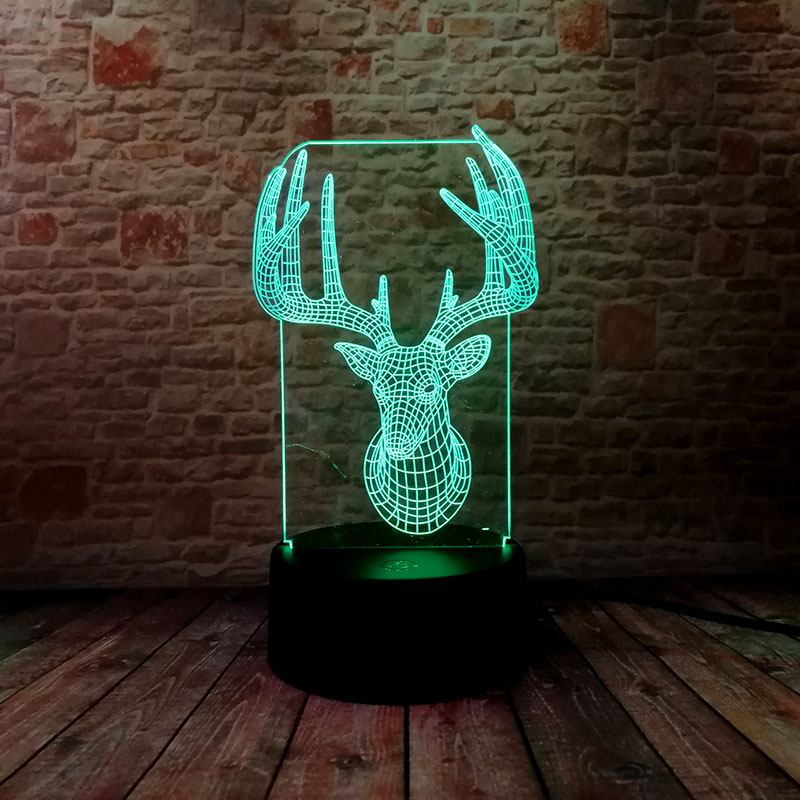 사슴 헤드 모델 3d illusion led lamp 다채로운 터치 나이트 라이트 플래시 조명 어둠 속에서 빛나는 데스크 장식 라이트 업 완구, RC and Touch Switch