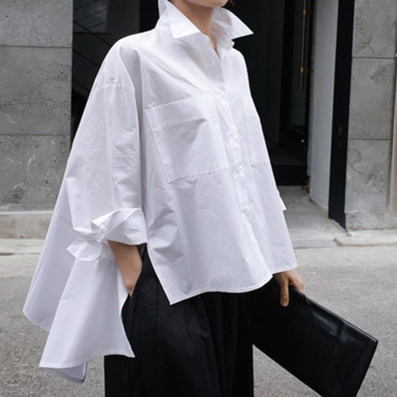 Lanmrem 2019 새로운 한국어 여자의 여름 셔츠 턴 다운 칼라 랜턴 슬리브 싱글 브레스트 코튼 화이트 블라우스 wg04300l