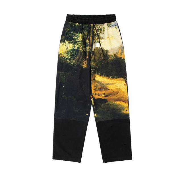 AMONSTERSSURSS 가을 바람과 낙조 엽 플라워 프린트 일자 카고 남성 트렌드 캐주얼바지