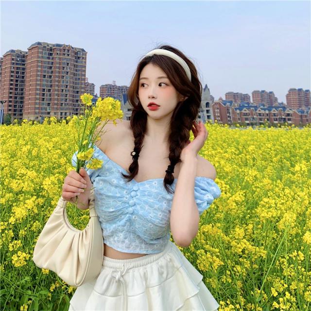 CWCH(특허제품)달콤하다 맵다 순수하다 욕망 일자 어깨 퍼프 소매 셔츠 여자 여름 얇다 색다른 반팔 셔츠 짧은 스타일 저고리