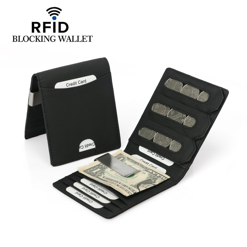 Rfid mens 럭셔리 동전 머니 클립 지갑 진짜 정품 가죽 슈퍼 얇은 현금 보유자 프론트 포켓 남성용 지갑 카드 지갑 블랙