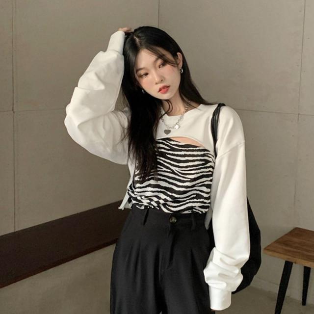 팜플렉스 스트라이프 맨투맨 미녀 겹치다 입다 단가라 끈나시 슬립 여성 봄가을 얇은 화이트 긴 소매 피어갓셔츠 상의 학생