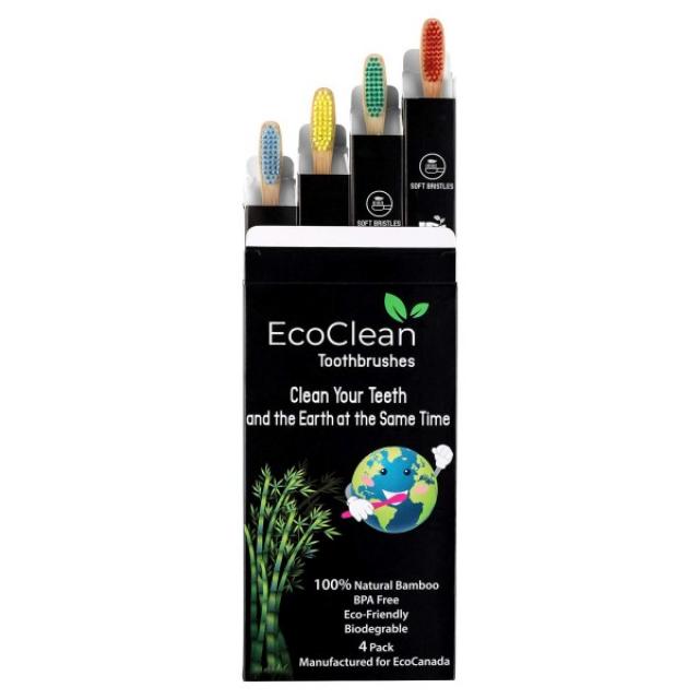 Eco Clean EcoClean 천연 유기농 생분해 성 대나무 칫솔 친환경 목재 인체 공학적 부드러운 BPA 무연 강모 4 팩, 단일상품