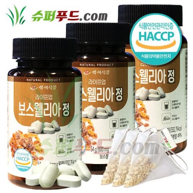 HACCP 식약처 인증 인도산 관절 연골 보스웰리아 퇴행성 관절염 염증질환 무릎관절 보스웰릭산 항염작용 어깨탈골 테르페노이드 보스웰리아정 (600mg x 90정) + 슈퍼푸드.com 연자육 티백, 3세트, [(600mg x 90정) + 1g]