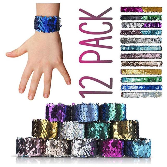 산호 오락 인어 슬랩 브레이슬릿 12팩 생일 파티 2색 장식용 가역적 찰름 세킨스 플립 밴드 브레이슬릿, 상세페이지 참조