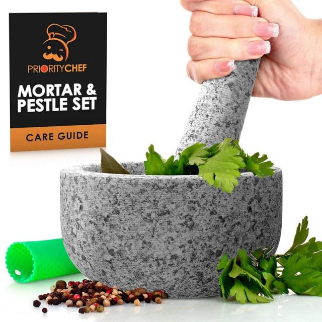 PriorityChef Mortar and Pestle Set 미분양 천연 화강암 대용량 2컵 Guacamole Bowl 실리콘 마늘 필, 단일옵션