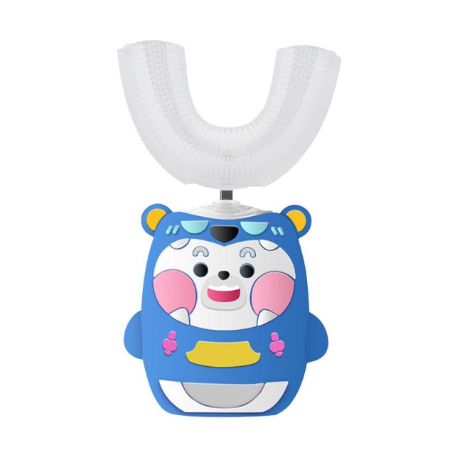 전기 충격 곰 어린이 전동 칫솔 U 자형 초음파 칫솔 충전식 2-6-12 세 자동 솔질 U 자형, Shock Bear-Sky Blue [6-12 세] [무선 충전 + 자주색 빛 소독 + 치약 + 구강 세척제 컵]