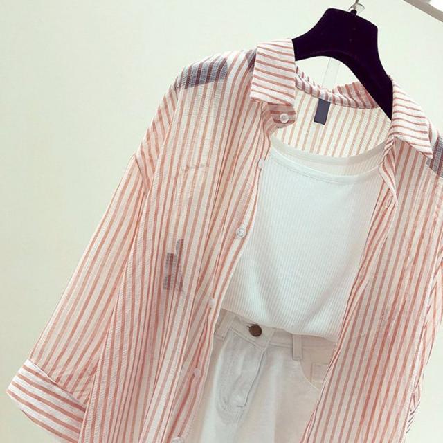 디에프 여성 여자 스트라잎 시스루 롱셔츠 여름롱셔츠 신상롱셔츠