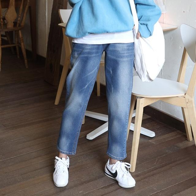 마이너스2인치 여성용 블루 기모 스판 슬림배기 청바지