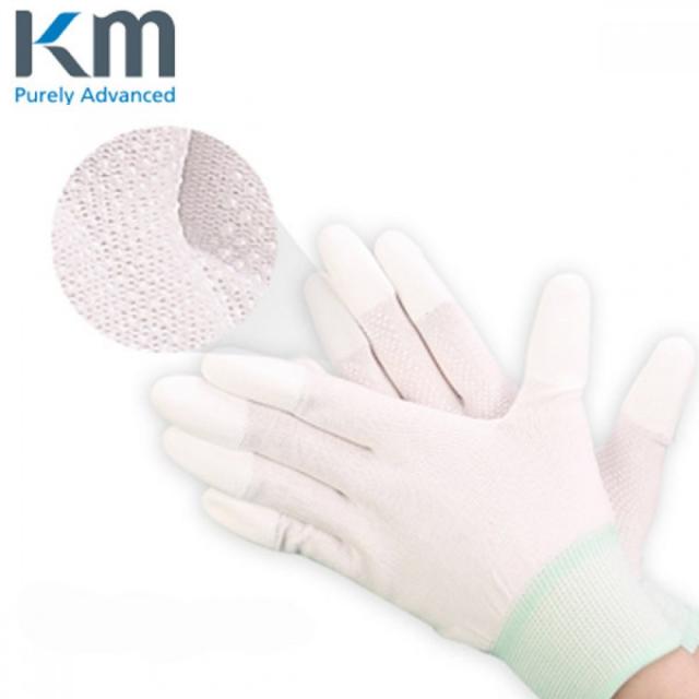 KM PU탑 손가락 코팅 DOT 폴리에스터 장갑 10켤레입 바이오 연구실 반도체 제약 실험실