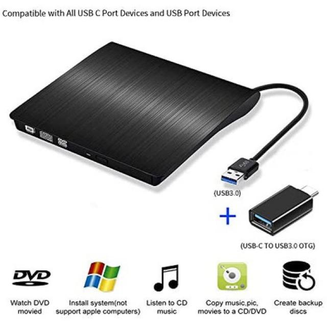 이동용 초슬림 외장 CD 드라이브 DVD 플레이어 USB3.0USB-C 2 in 1 외장 DVD Recorder CD 롬 플레이어 for, 상세 설명 참조0