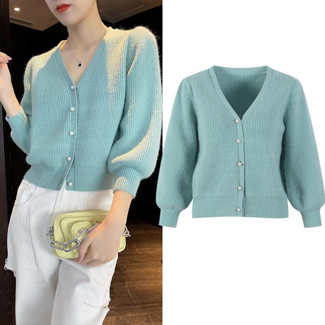 니트가디건패션 출중함 정 가을 브이넥 진주 단추 긴 벌룬소매 코트 2649136811, 부드러운 멈추다 M