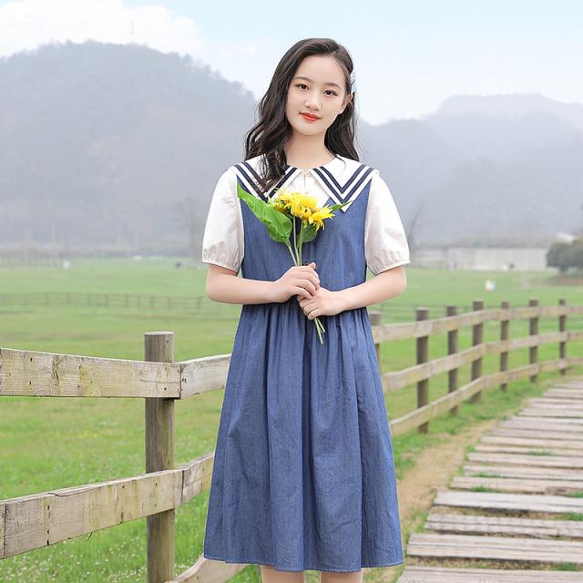 Jun.16 29번 고등학생 원피스 세트 여자 소녀 여름옷 얇은 데님 멜빵 스커트 투피스 바다군령Z