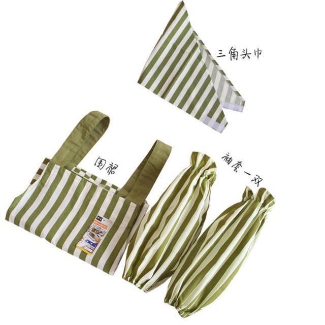땡땡이 스트라이프 폴카도트 패브릭 앞치마 주방 홈 작업복, 줄무늬 녹색 [앞치마 + 슬리브 + 머리띠]