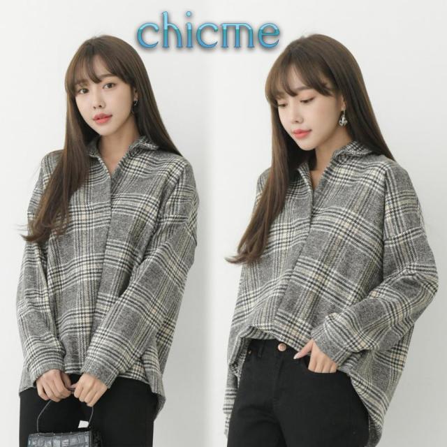 chicme 시크미 여성 브이넥 카라 잔체크 블라우스 남방 셔츠