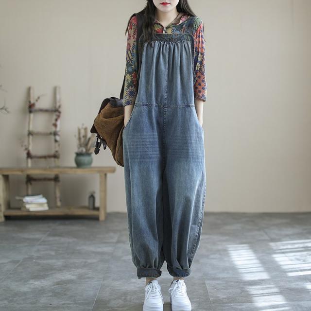 위드이니 여름청바지 카미 우 클래식 블루 여성 얇은 멜빵바지 어깨끈 조절 가능 와이드 루즈핏 배기 팬츠