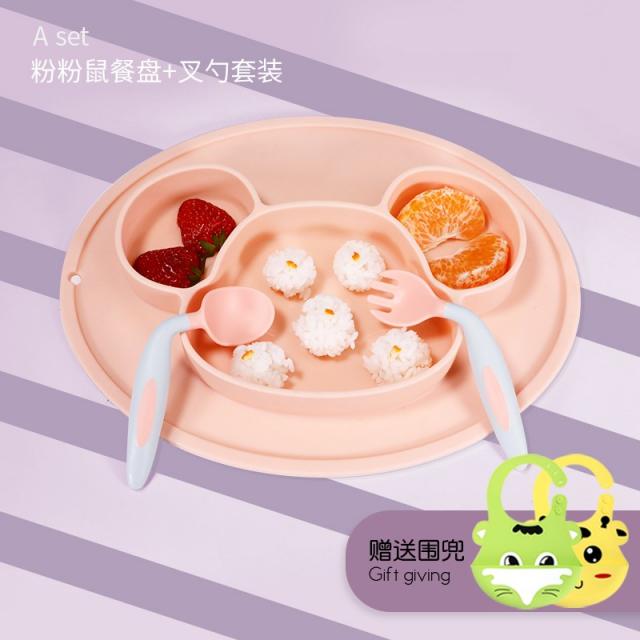 유아용 실리콘 접시 패드 식기 세트 동물 모양 교정용 실리콘 젓가락 포크 숟가락 깨지지 않는, (푸 랏 xiang 샹) 실리콘 디너 플레이트 핑크 + 포크 스푼 (핑크) + 턱 받이 (랜덤 컬러)