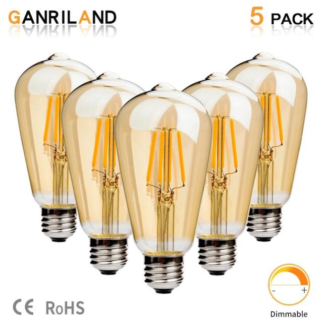 해외직구 Ganriland e27 led st64 4 w 골든 커버 디 밍이 가능한 에디슨 레트로 빈티지 필 라 멘 트 cob led 전구, 그렇습니다, 4W E27 220V 2200K