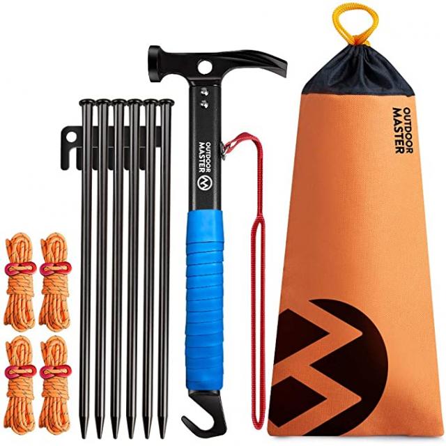 OUTDOORMASTER 뻬구항마 텐트 망치 캠프 망치 높은 탄소 강철 망치 30cm 단조 텐토뻬구 6 개 수납 봉투 포함 4m 반사재 텐트 로프 4 개 미끄럼