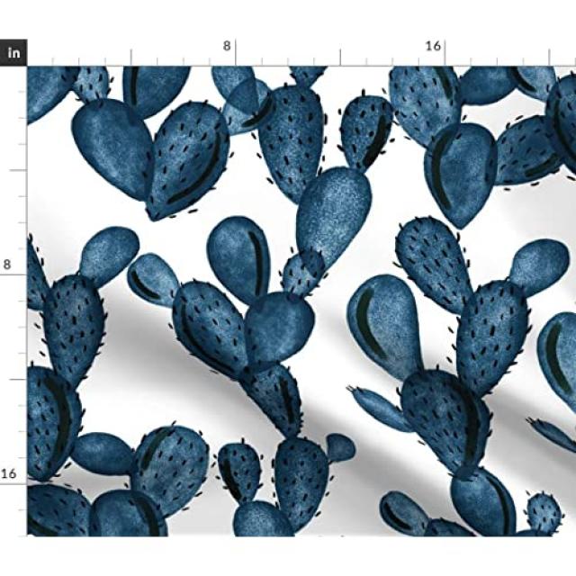 숟가락 꽃 패브릭 - 해군 꽃 선인장 선인장 수채화 어두운 파란색 남서쪽 Boho 사막 사막의 꽃 - (Cotton Poplin Ultra Fabric Fat Quarter)