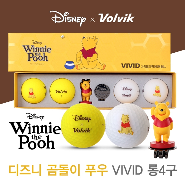 [2019년형]볼빅 디즈니 곰돌이 푸우 VIVID 비비드 골프볼 4구+푸우캐릭터볼마커, 3피스(4알)