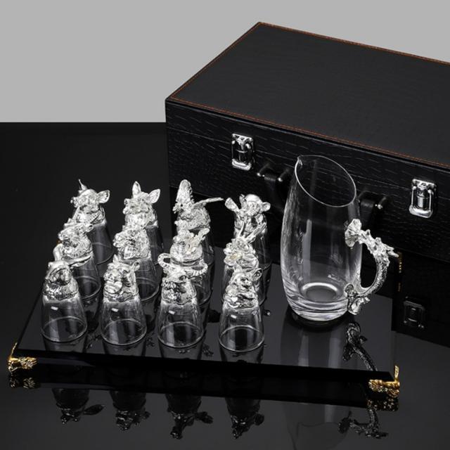 장인어른생신선물 12지신술잔 큰소주잔 왕 옛날 중국 빼갈 고량주잔 다이소, 가죽 상자 실버 컵 + 와인 분리기 + 크리스탈 트레이ml