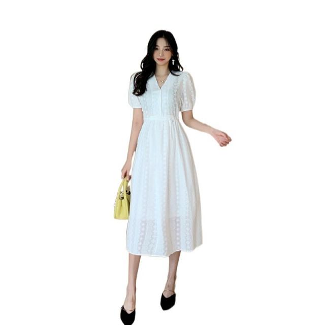 실가 실가 한국판 여성복 루즈하다 포근하다 코트 흰색 브이넥 롱 스커트 미디엄 롱 반팔 원피스