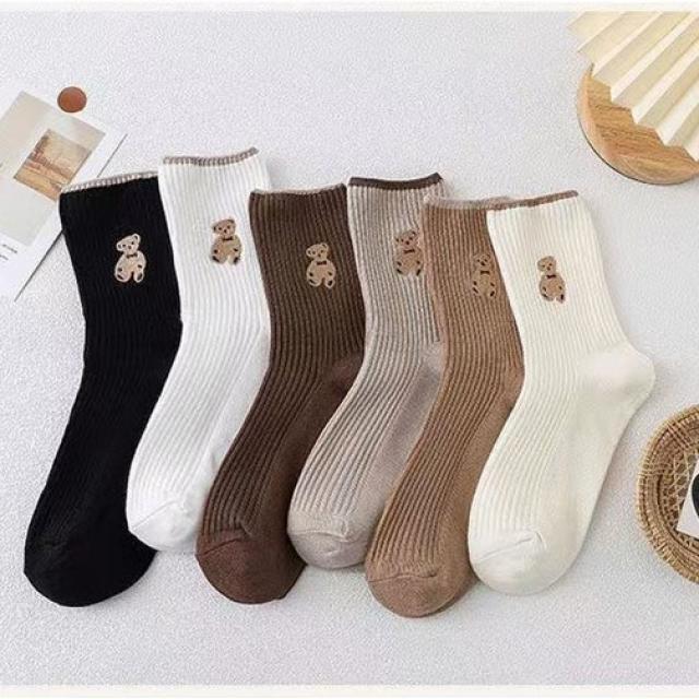 워더미 큐티 자수 베어 골지 사계절 중목 코튼 양말 세트 W453