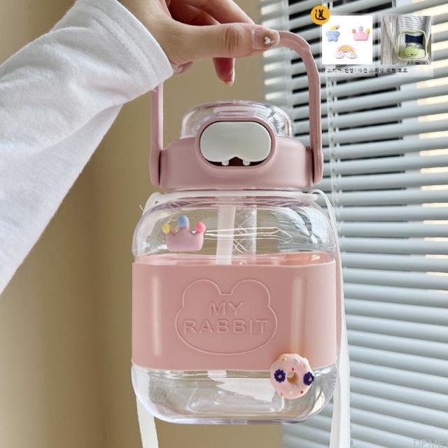 DFMEI.물컵 여름 큰배컵 보기 대용량 고온내성 빨대주전자 심플휴대용 컵을 예약하다., DFMEI핑크+큰 스트링+3D 스티커(스타일랜덤)