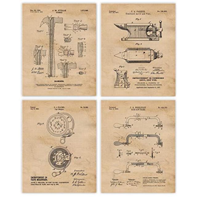 NMT 빈티지 건축 무역 도구 특허 인화 프레임이없는 사진 4 개 세트 (8x10) 가정 사무실 차고 남자 동굴 상점 건축업자 대 - P009708D6BN85Z8