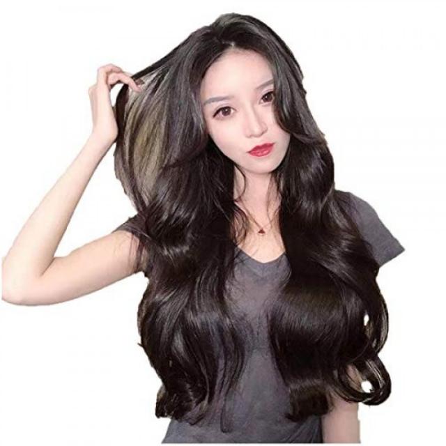 EUGO 가발 에쿠 긴 여성 U 형 목덜미 가발 60cm 자연 내열 칼 원터치 가발 볼륨 반 가발 익스텐션 (다크 브라운)