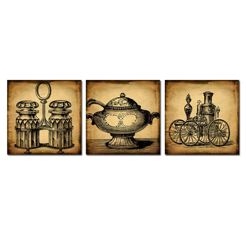 3 pcs 레트로 추상 개체 램프 증기 기관차 벽 빈티지 유화 캔버스 풍경 사진 홈 장식, 40x40cmx3pcs