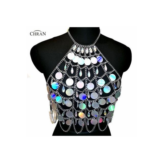 Chran 아크릴 골치 아픈 건 레이브 브래지어 bralete seascale 장식 조각 자르기 가기 배꼽 허리 벨트 체인 목걸이 축제 착용 보석 crs415