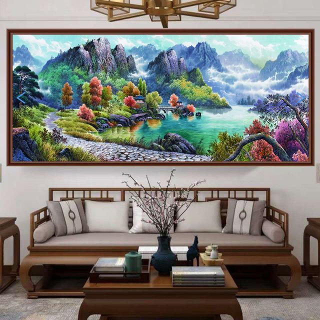 거실벽화 국화 산수화 밝은 해가 동쪽에서 떠오르다 풍수에좋은그림 사무실 서화 식당 마네키 뮤럴 3D 입체 스티커, AD 타입 :산수풍경 선경 콤비네이션 타입