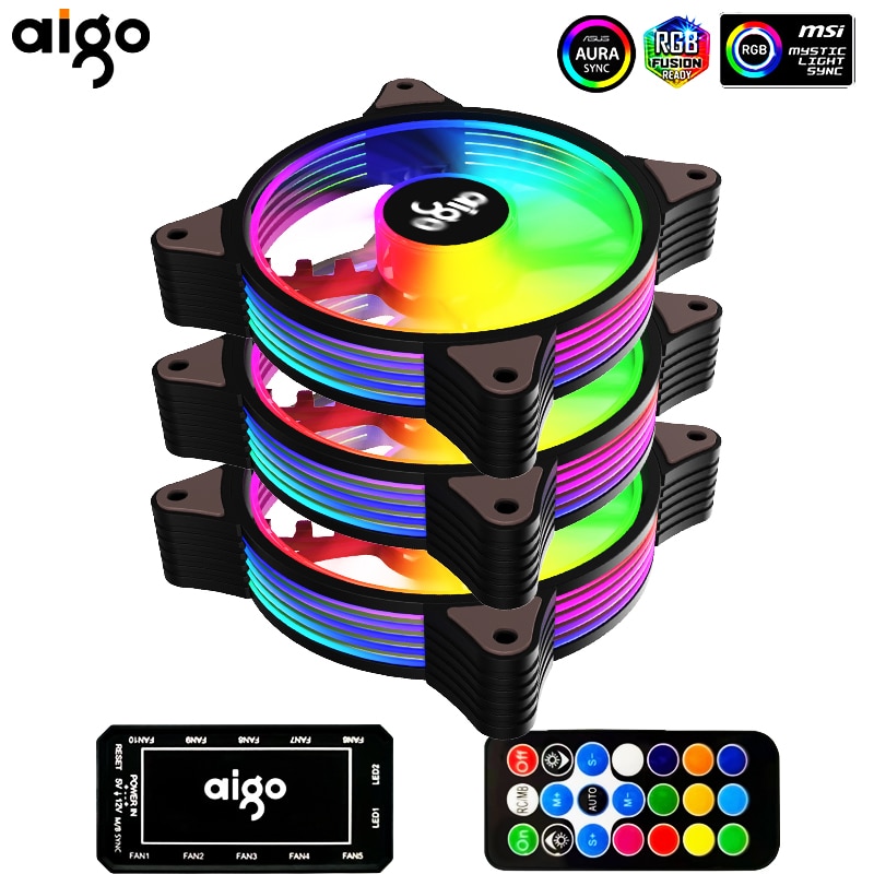 Aigo AR12 120mm 냉각 팬 RGB 방열 3pin 5v aura sync 12cm pc 컴퓨터 냉각기 argb 사일런트 케이스 팬 (컨트롤러 포함)|Fans & Coo, 6in1, 체코