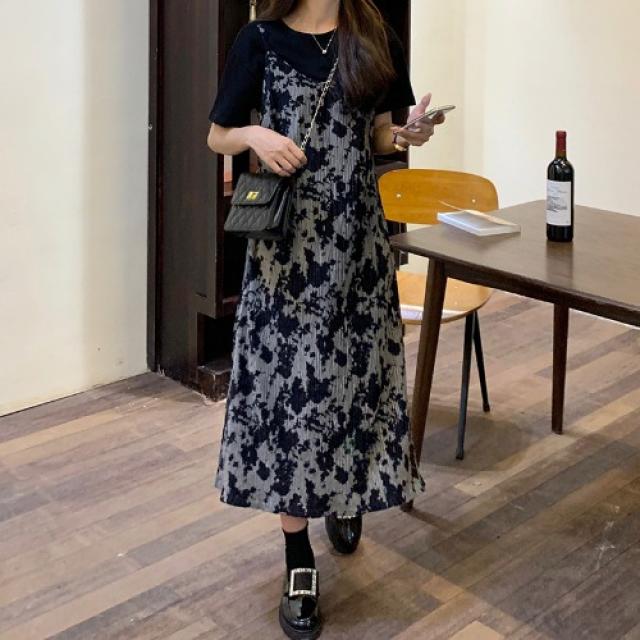 May.12 271번 통통 동생 슬림핏 세트 라지 여자 여름 통통 MM 배 가림 원피스 시폰 나시치마의 연령이 감소하다Z