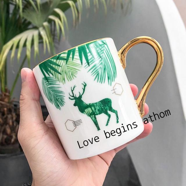 북유럽풍 ins 모금 도자기 컵 창의 머그컵 비즈니스 사무실 커피 물컵 반손 선물 컵, 큰 뿔 사슴, 400ml