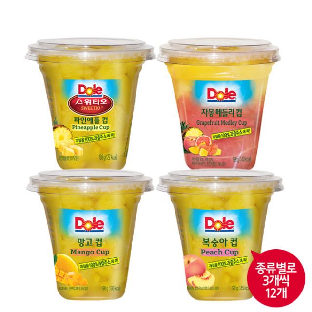 Dole 컵과일 후룻컵 198gx12개 망고컵3개+복숭아컵3개+파인애플컵3개+자몽메들리컵3개 간편간식 디저트 슬라이스과일 무배, 12개, 198g