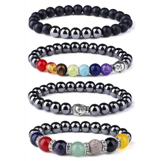 LOYALLOOK 4 개 차크라 적철광 팔찌 치유 자석 치료 스트레치 돌 구슬 팔찌 균형