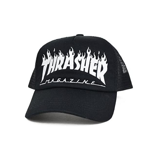 THRASHER (채찍질) (공포) FLAME LOGO TWILL TRUCKER HAT CAP 캡 ONESIZE BLACK