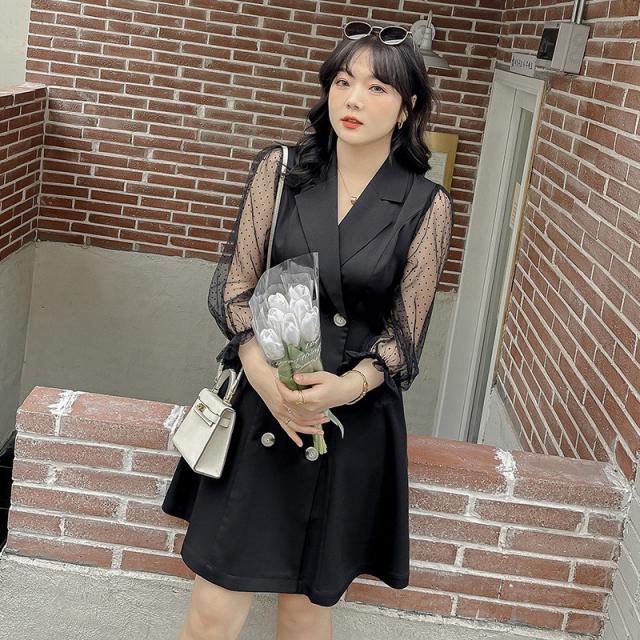 Apr.15 216번 빅 사이즈 통통 mm 정장 원피스 여춘하 디자인 소중불식 망사홍폭가 블랙 스커트눅눅하다Z