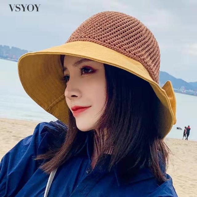 VSYOY 여름 접이식 썬캡 펀칭 비치 위빙 밀짚모자