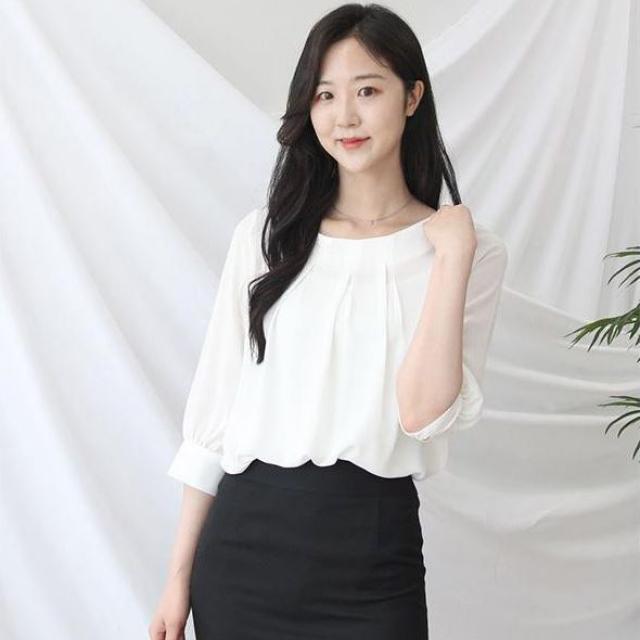 면접블라우스 여자면접복장 정장 라운드넥7부 소매블라우스 핑크 블라우스 3color