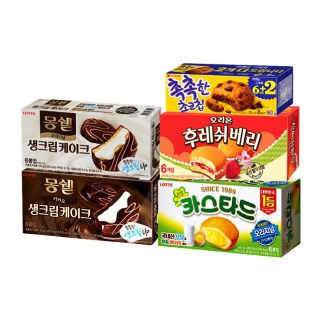 몽쉘 생크림 6개 +몽쉘 카카오 6개 +카스타드 6개 +촉촉한초코칩 6+2 +후레쉬베리 6개 5종과자선물세트 1세트
